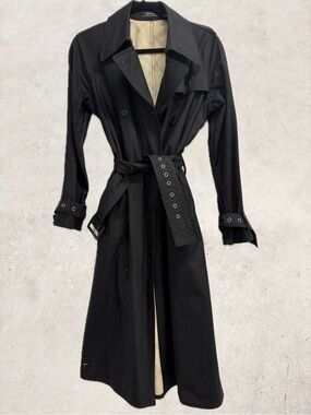 Lord & Taylor Black Cotton Trench Coat with  Grommet Belt and Cuffs